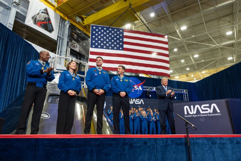 NASA’s Artemis II Crew Receives Congressional Space Medal of Honor The four members of the Artemis II mission stand on stage after receiving the Congressional Space Medal of Honor. To their right is President Trump.