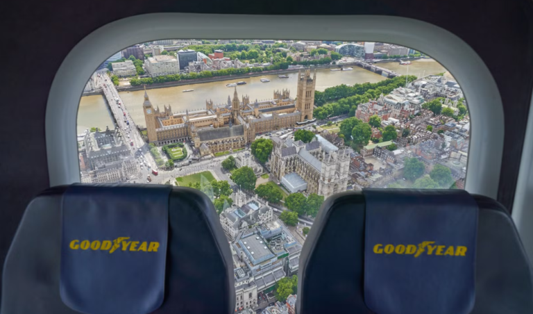 View of London landmarks Big Ben, Buckingham Palace, and Westminster Abbey from inside the Goodyear Zeppelin NT [Credit: Uwe Stohrer]