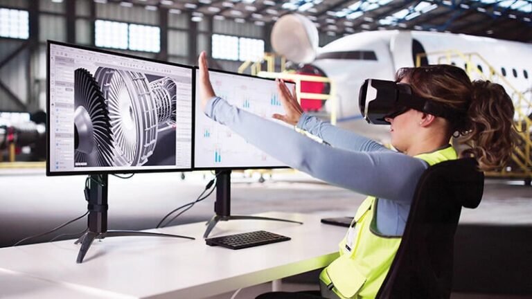 Opinion: Technology Changes MRO Efficiency—Not Who Is Accountable aerospace technician using a virtual reality headset to interact with 3D CAD models of an aircraft jet engine