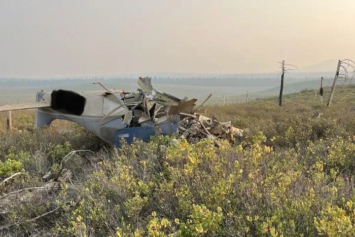 Oregon pilot deliberately crashes Cirrus in Oregon Wrecked small airplane in a grassy field with twisted metal and a distant fence line in the background