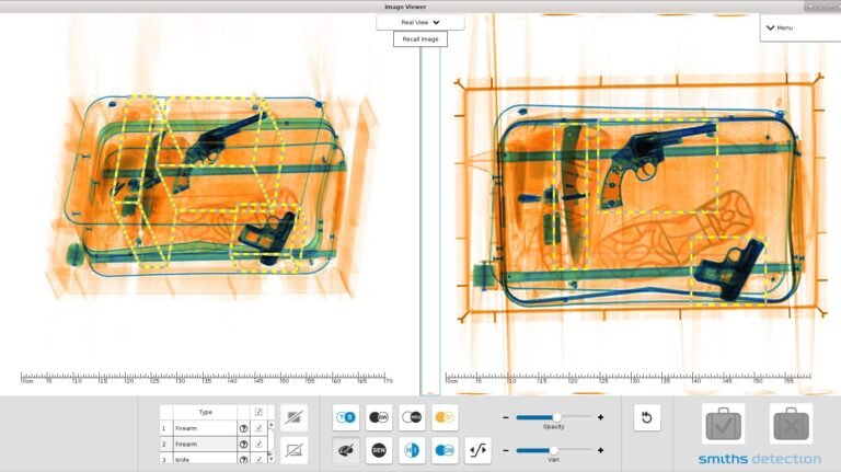 Screenshot of the display from a Smiths Detection screening system, showing the contents of a piece of luggage.