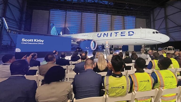 U.S. Airlines Map Out International Plans For The A321XLR Scott Kirby speaking in front of United A321XLR before crowd