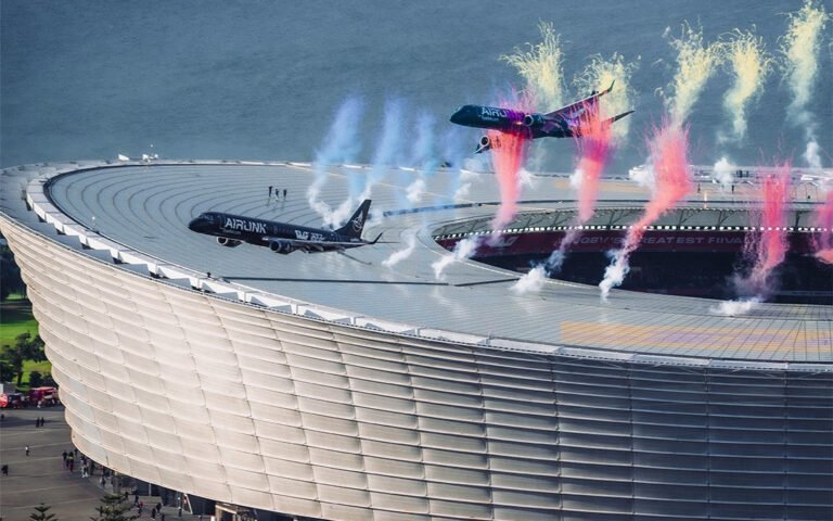 Airlink Jets’ 50-Foot Stadium Flyover Sparks Online Debate Airlink Embraer E-Jets conduct low flyover at DHL Stadium in Cape Town, South Africa