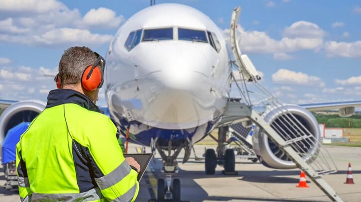 Assaia partners with Frontier Audio on voice alerts for aircraft turnaround operations Ground handler using tablet on airport apron with aircraft in background