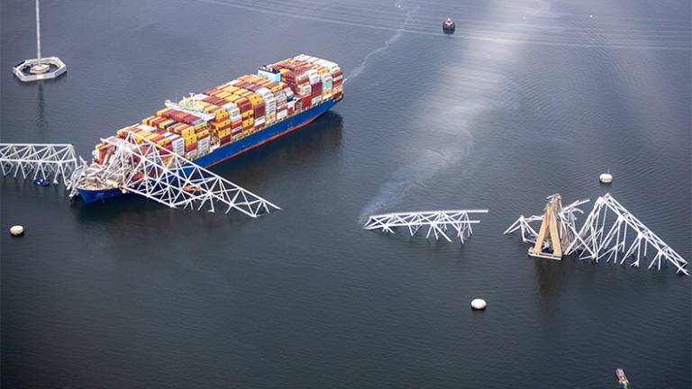Baltimore bridge deterioration ‘unlikely to impact renewals’ Aerial view, cargoship Dali is seen after running into and collapsing the Francis Scott Key Bridge on March 26, 2024 in Baltimore, Maryland