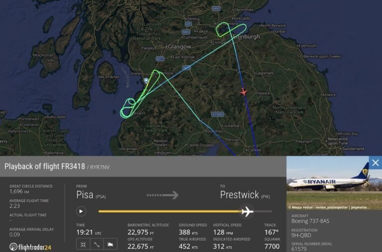 Battered by Storm Amy, Ryanair flight lands in Manchester with just 363 kg of fuel FR3418 Wind shear escapes and diversion over Scotland.