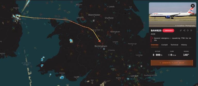 British Airways BA825 inbound London is declaring an emergency, holding 8,000 feet