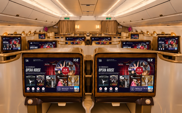 Emirates unveils its new season inflight entertainment lineup The image showcases Emirates’ business class seats featuring ice Opera House, a specially curated collection of full-length opera, ballet and symphony performances on the ice inflight entertainment system