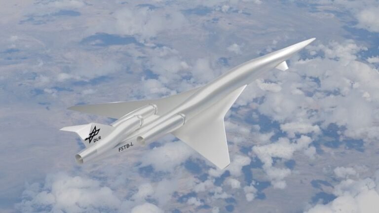 German researchers model supersonic aircraft noise to shape certification rules Computer-generated image of a slender supersonic aircraft concept with a delta wing and twin underwing engine nacelles, flying above clouds