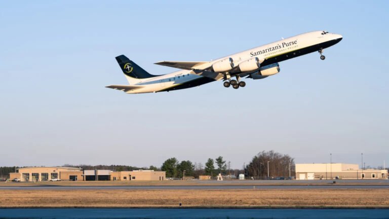 Last Flying U.S. DC-8 Gets Permanent Home at Virginia Airport Last flying U.S.-registered Douglas DC-8 in Samaritan's Purse livery taking off