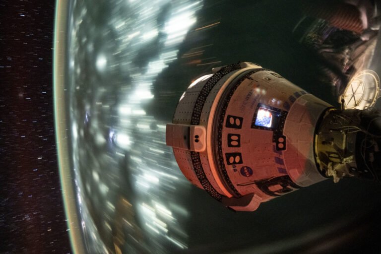 NASA, Boeing Share Update on Commercial Starliner Development Plans Boeing's Starliner spacecraft that launched NASA's Crew Flight Test astronauts Butch Wilmore and Suni Williams to the International Space Station is pictured docked to the Harmony module's forward port. This long-duration photograph was taken on July 3, 2024, from the orbital complex as it soared 256 miles above the Arabian Sea off the coast of Mumbai, India.