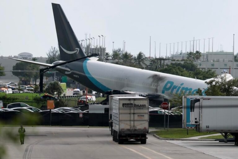 Amazon Air aircraft after overrunning runway at Miami International Airport