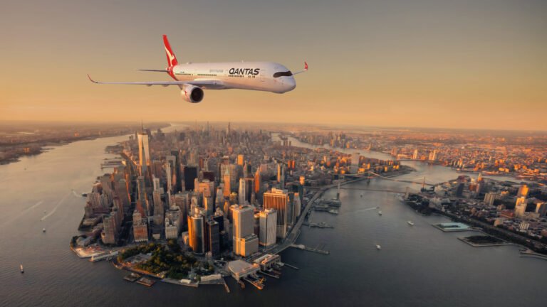 Rendering of Qantas Airbus A350-1000ULR aircraft over New York City