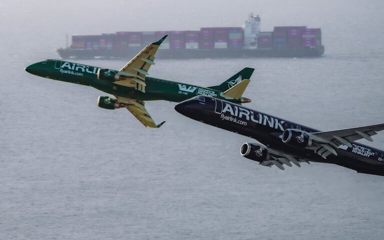 Airlink Embraer E-Jets in rugby livery flying in South Africa