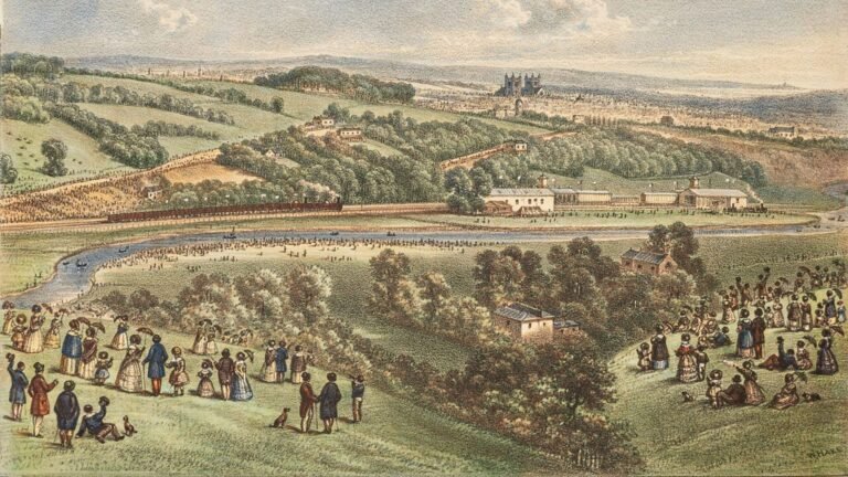 A drawing showing people waiting on a hill overlooking a railway line.
