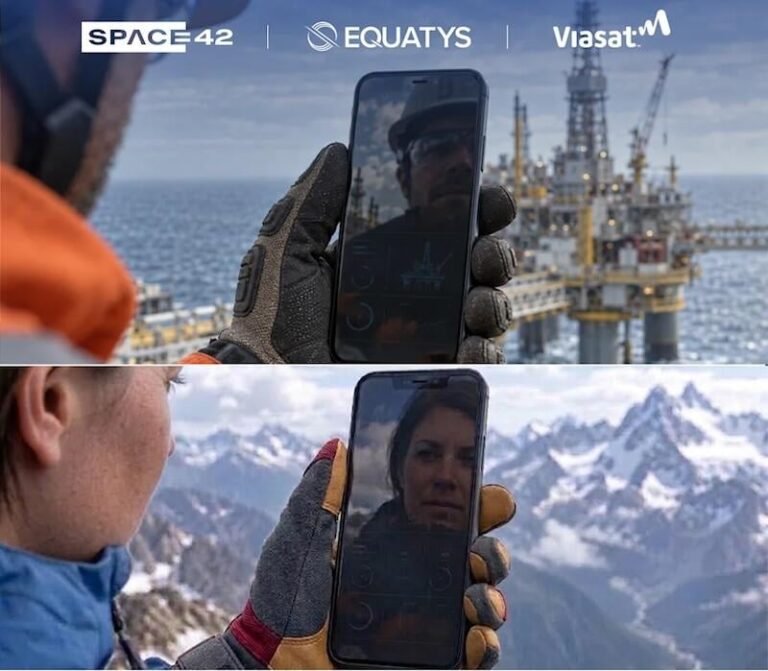 Space42, Viasat Open Equatys To Spectrum Holders, Nations split image of two workers holding smartphones against offshore oil platform and snow-capped mountains