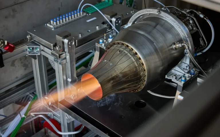 UK start-up flies drone turbojet engine in under seven months Additively manufactured turbojet engine firing on a test stand with a visible exhaust plume surrounded by instrumentation