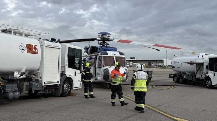 Aberdeen International Airport tests emergency response capabilities Emergency crews on apron with helicopter and fuel