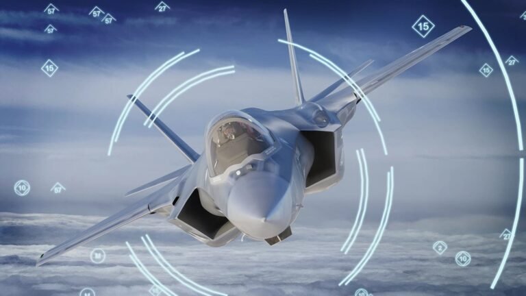 A computer rendering of an F-35 Lightning II stealth fighter banking in flight above clouds, overlaid with circular sensor-style graphics