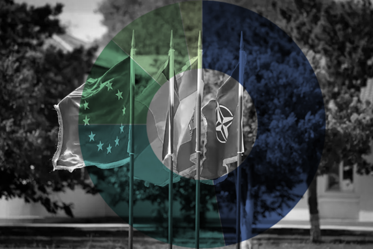 doughnut chart overlaying photo of EU, Romanian, and NATO flags