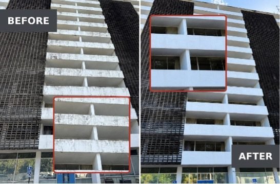 Do Cleaning Drones Work? 15 Apellix Examples drone cleaning,Before-and-after photographs of a Jacksonville, FL apartment exterior cleaned using an Apellix commercial cleaning drone operated by AirX.