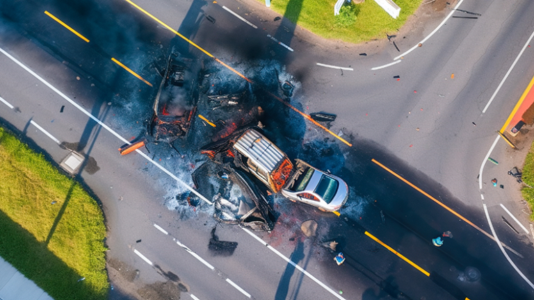 Aerial View of Car Accident Involving Multiple Vehicles