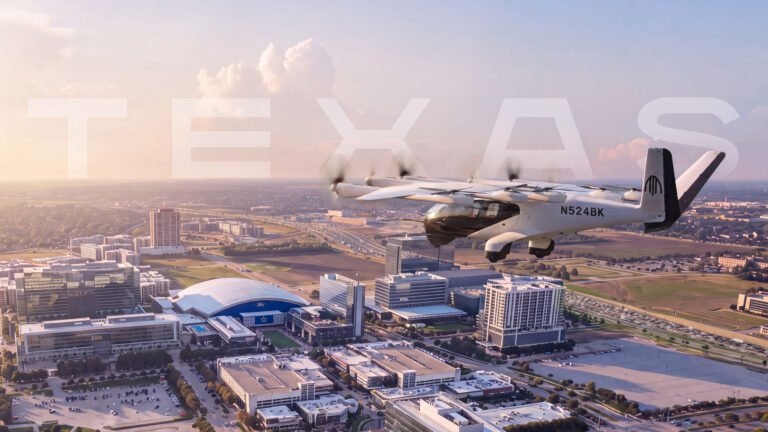 Electric Air Taxis Are Coming to These Texas GA Sites Rendering of Archer Midnight electric air taxi flying over Dallas Texas