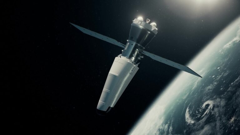 a sleek pointy spacecraft with solar panels above Earth.