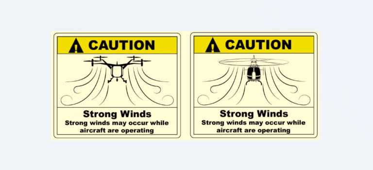 FAA Issues Draft Of Final Guidance On Vertiport Design Examples of downwash/outwash caution area signage in the FAA's design guidance for heliports and vertiports. Credit: FAA