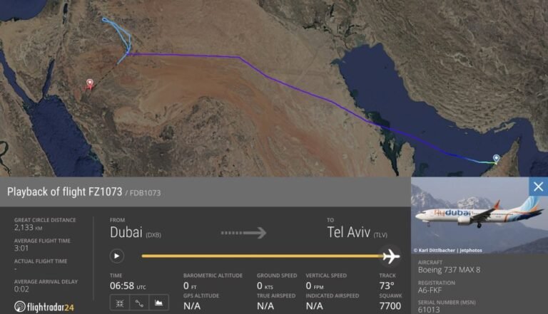 FlyDubai flight to Tel Aviv diverts to Tabuk amid onboard incident FZ1073 flight path from Dubai to diversion in Tabuk.