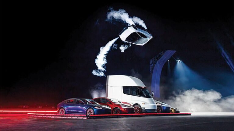 Flying Car Or Not, Aerospace Meets Automotive In Tesla’s New Roadster Tesla roadster doing a flip over five vehicles