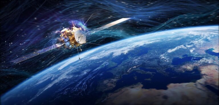 Artist’s illustration of a satellite in orbit above Earth, surrounded by streaming lines representing charged particles in the space radiation environment