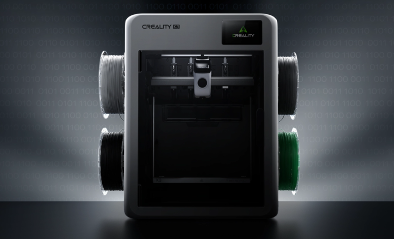 Making Multi-Color 3D Printing Workflow More Practical With Creality’s K3 Front view of the Creality K3 with four filament spools mounted on either side. Image via Creality.