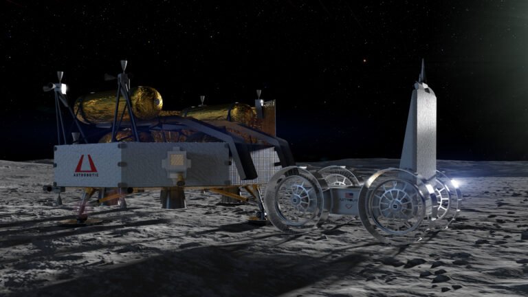 Mapping the Gaps in NASA’s Return to the Moon, featuring Richard Spolzino Artist's rendering of Astrobotic's Griffin Mission One lunar lander on the Moon's surface, deploying the FLIP rover, against a starry black sky