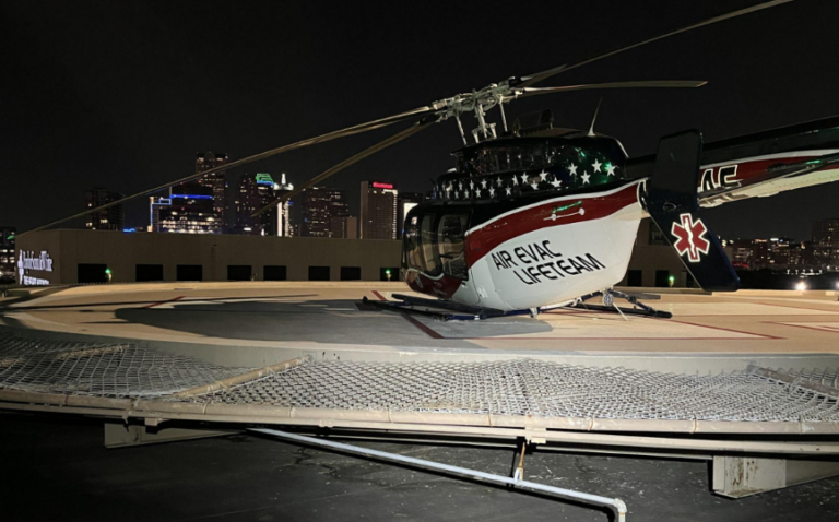 The NTSB’s final report determined that a medical helicopter sustained substantial tail rotor damage during a nighttime hospital departure when the pilot experienced unintended backward drift while attempting to establish radio contact. [Credit: NTSB]