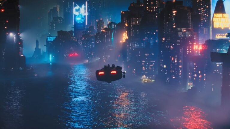 Blade Runner 2099 screenshot showing a flying car in a cyberpunk city.