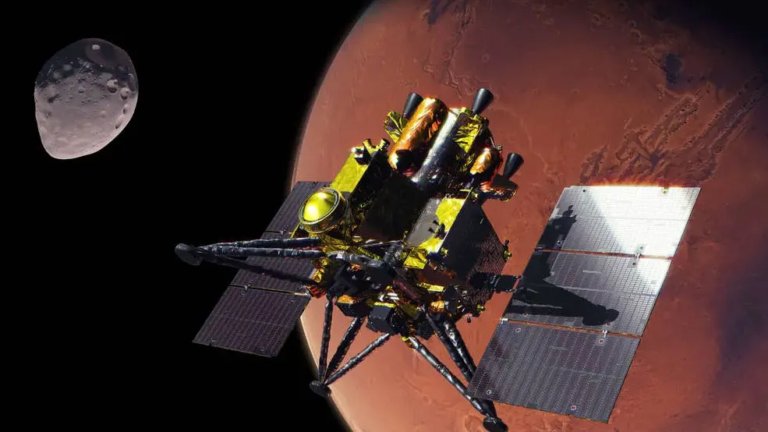 Returning the first samples from a Martian moon: Inside the science of Japan’s bold MMX mission to Mars An artist’s concept of JAXA’s gold-foiled Martian Moons eXploration (MMX) spacecraft at Mars with an odd-shaped moon in the background.
