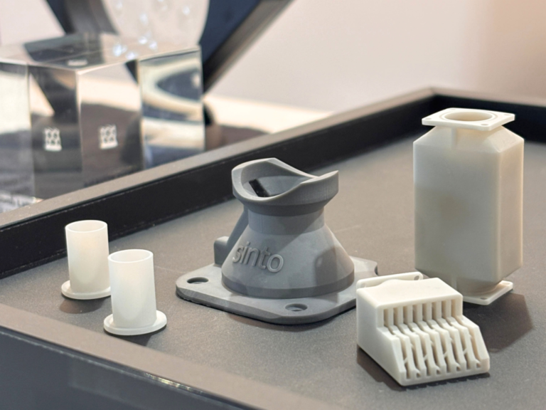 Aluminum nitride sleeves, a silicon nitride hold-down component and an aluminum nitride heat exchanger displayed by Sinto Advanced Ceramics Europe at ESA Industry Space Days 2026. Photo via Sinto Advanced Ceramics Europe.