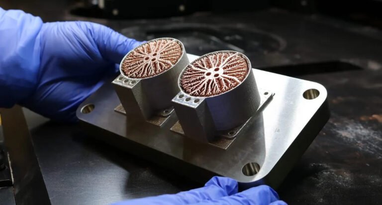 Model parts made from different metal alloys, printed by Schaeffler Aerosint with the new multi-material equipment. Photo via AM4Plasma research group.